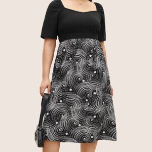 BloomChic Figurative Print Patchwork Pleated Square Neck Dress